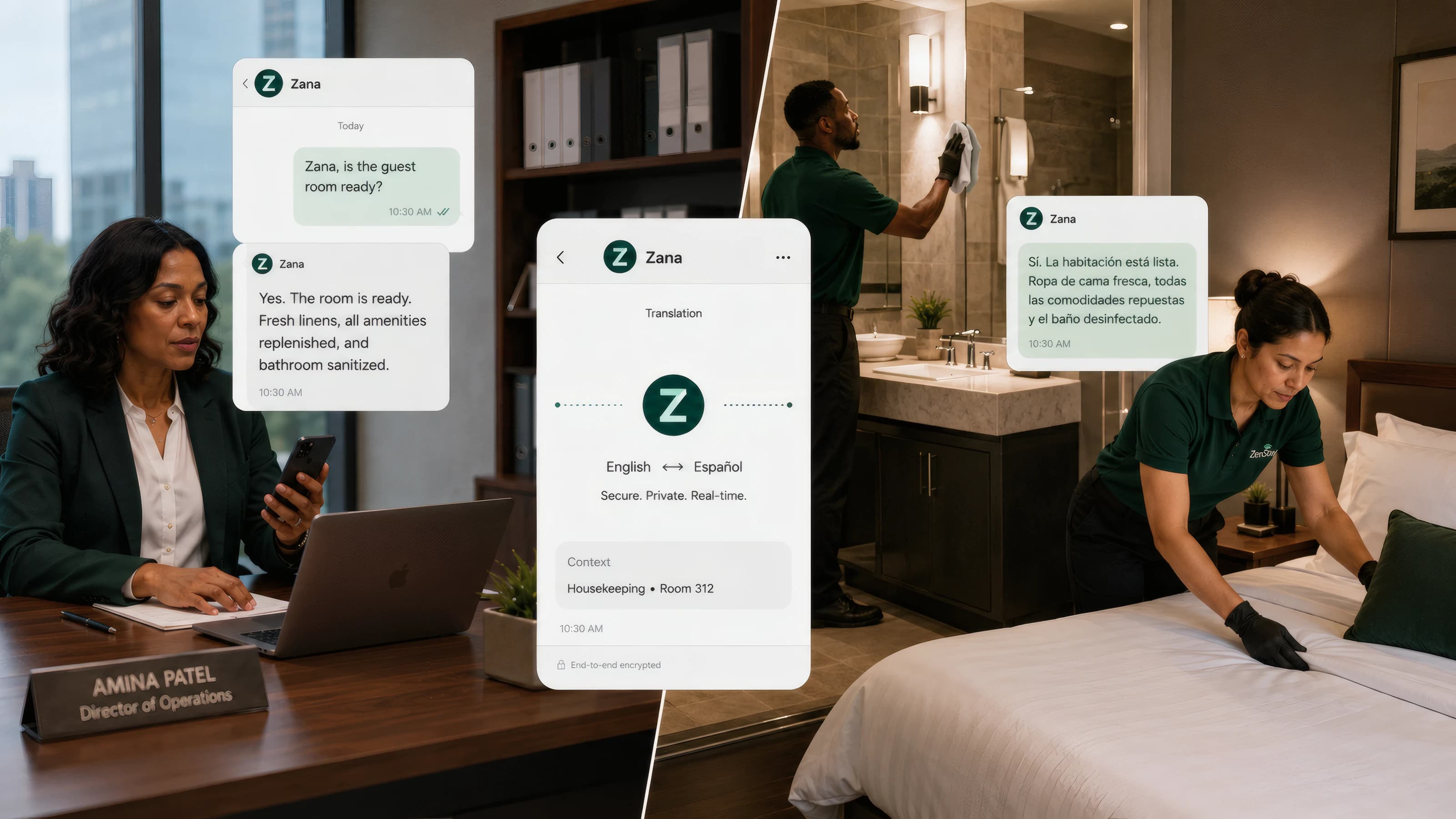 An operator and multilingual property team coordinate room readiness through Zana